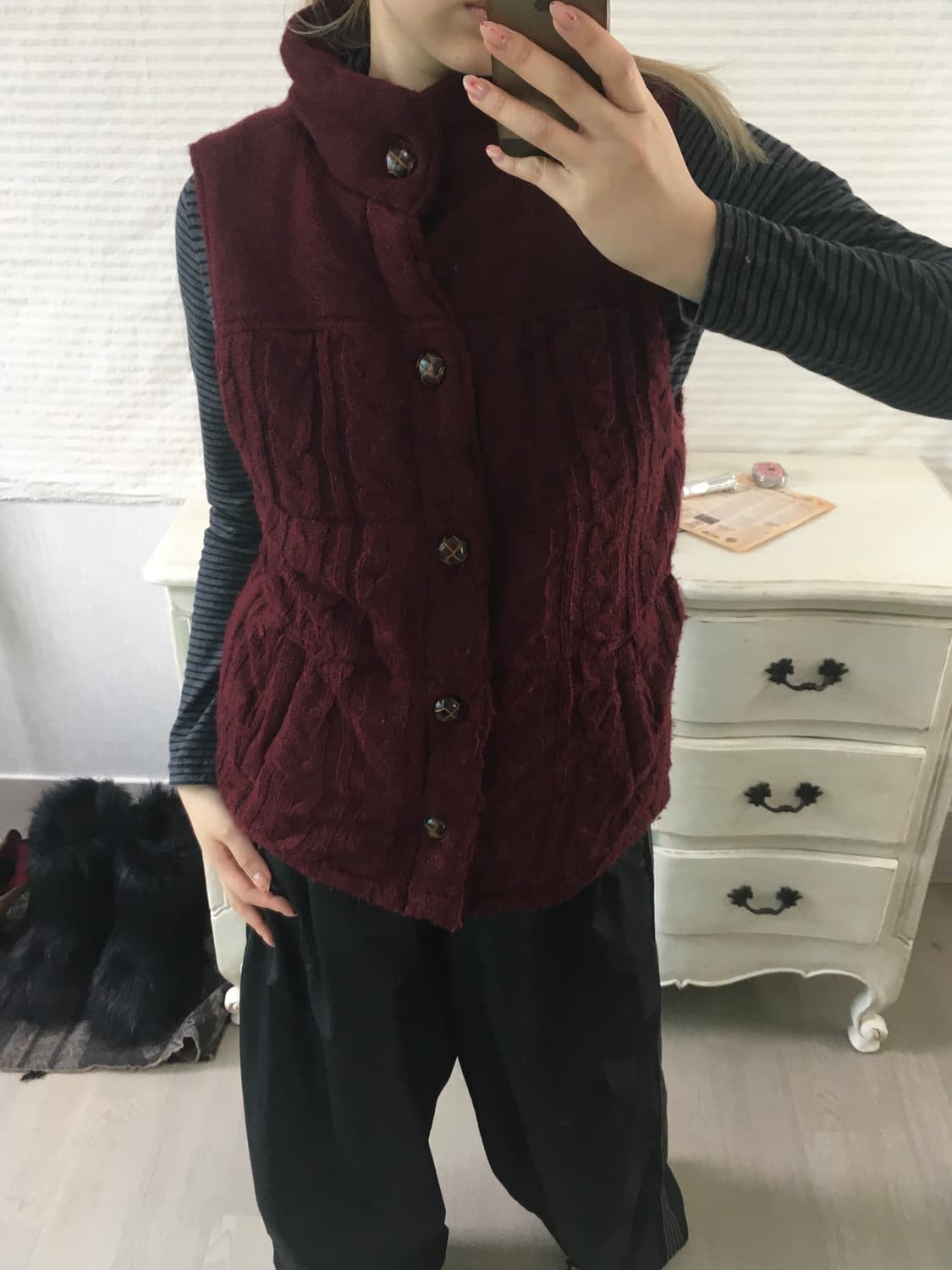 jpn vintage 레드 와인 꽈배기 니트 베스트 상품이미지1