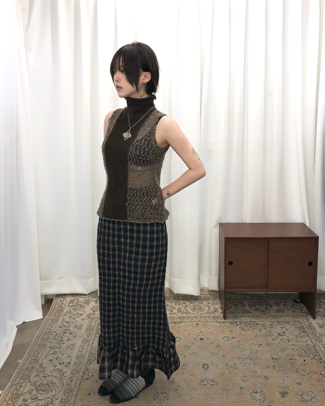 브라운 하이넥 시스루 슬리브리스 상품이미지2