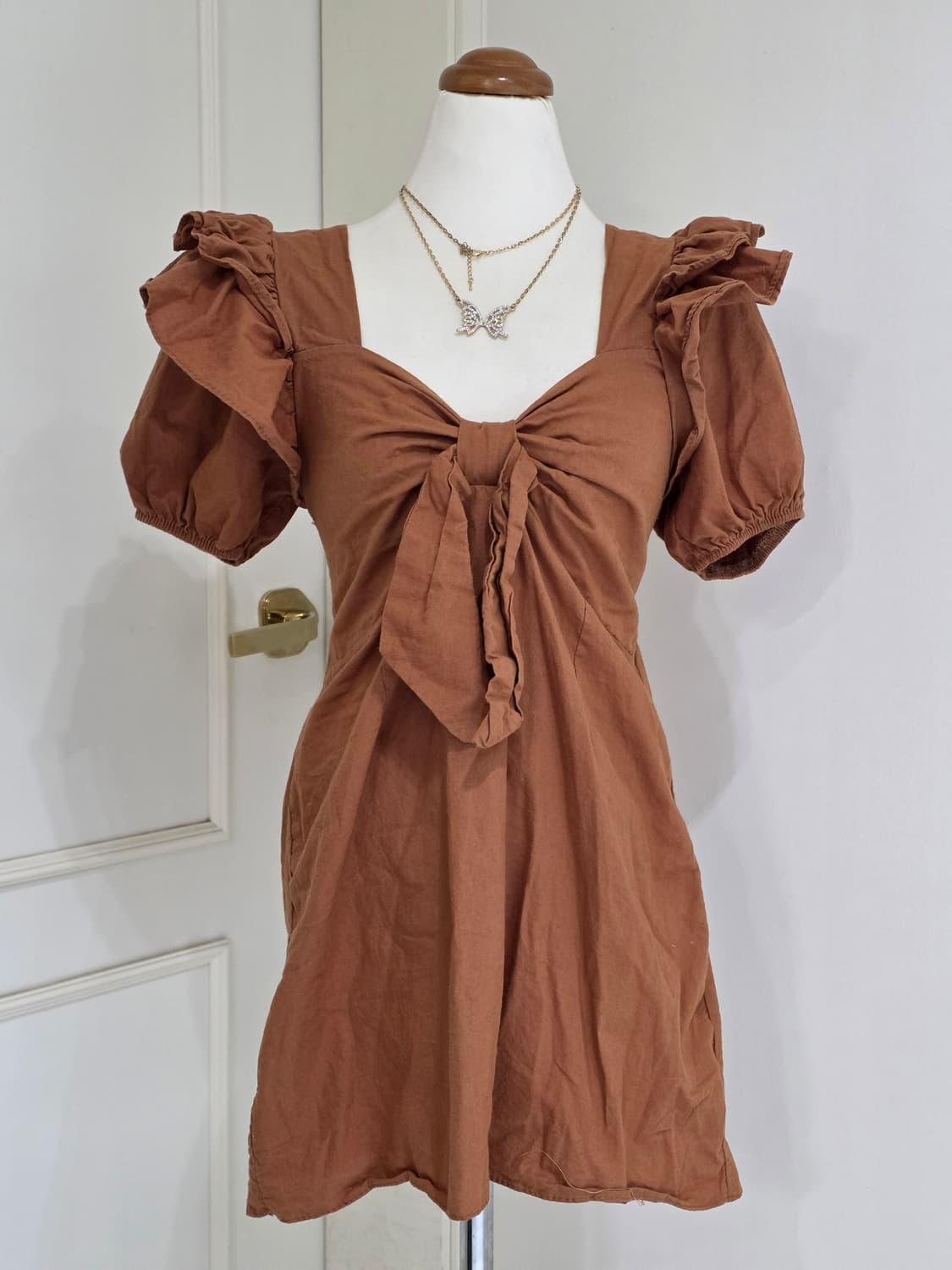 빈티지)브라운 빅리본 라떼히메갸루 퍼프셔링 로맨틱 휴양지여름원피스 상품이미지2