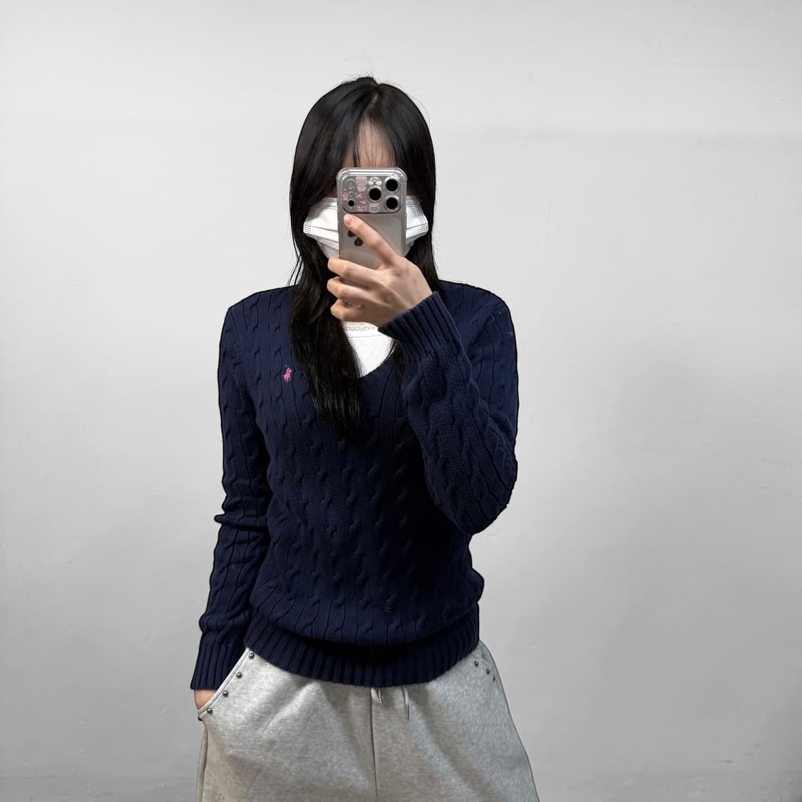 폴로 랄프로렌 포니 로고 브이넥 케이블 니트 네이비 상품이미지1