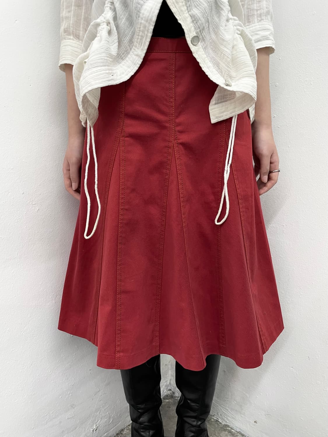 레드 절개 스티치 미디 스커트 상품이미지2