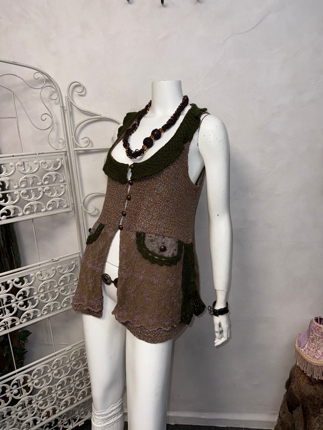 Pink brown bohemian floral knit vest 상품이미지5
