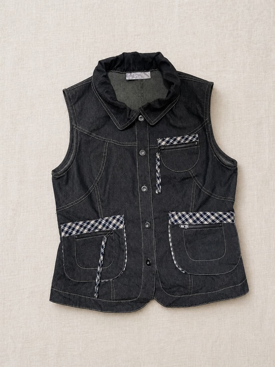 체크 디테일 데님 베스트 상품이미지1