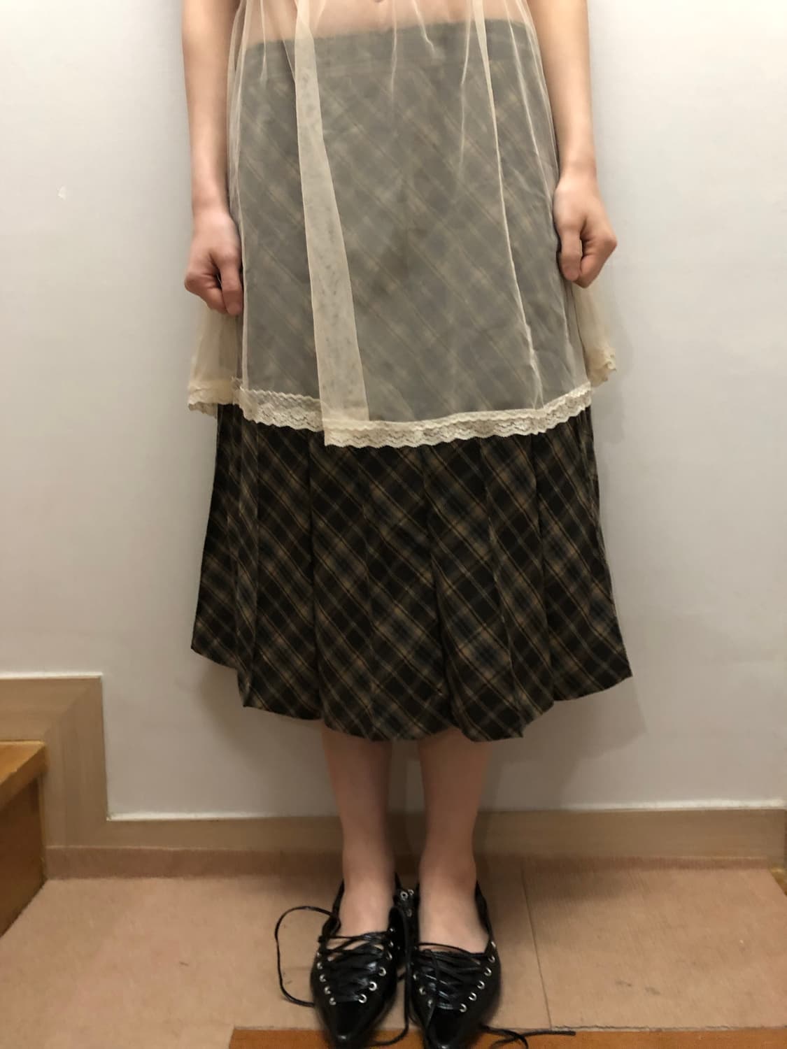 빈티지 그린 체크 울 플리츠 스커트 상품이미지1