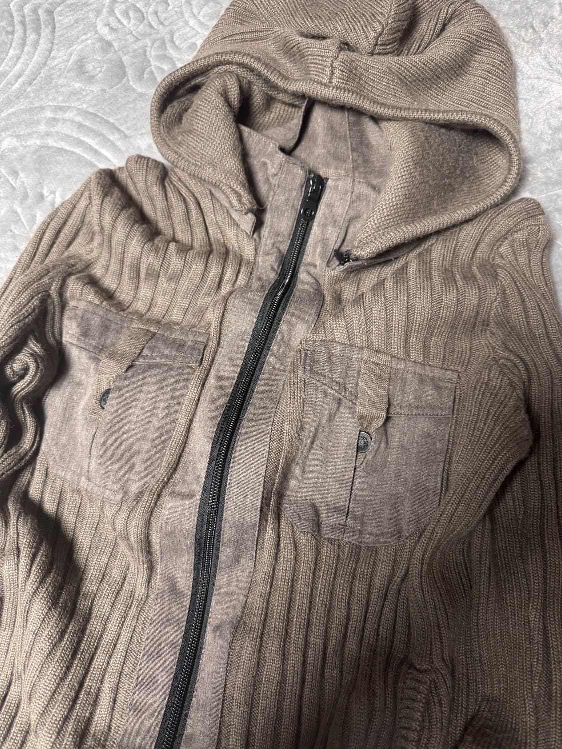 빈티지 카키 포켓 후드 니트 집업 상품이미지2