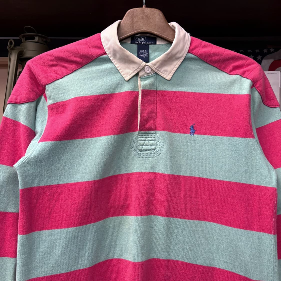 90s 폴로 랄프로렌 숄더패치 코튼캔디 스트라이프 럭비카라티 N606 상품이미지3
