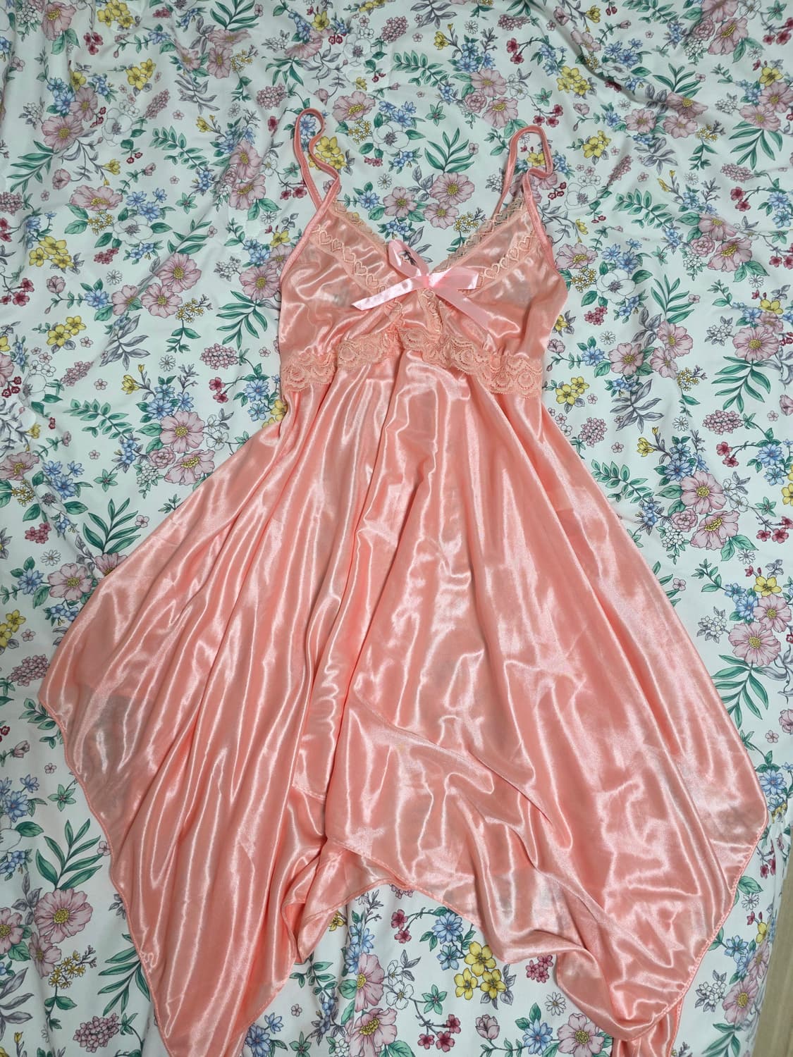 빈티지)하트 레이스 리본 언발란스 히메갸루 핑크 슬립원피스 홈웨어잠옷 상품이미지3