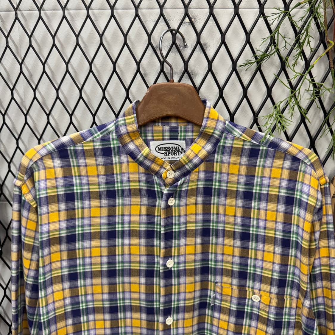 00s 미쏘니 스포츠 체크 패턴 셔츠 차이나 카라 포인트 옐로우 그린 상품이미지3