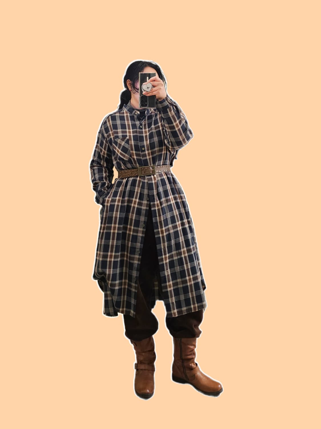 HK Works London 네이비 브라운 헨리넥 롱셔츠 상품이미지1