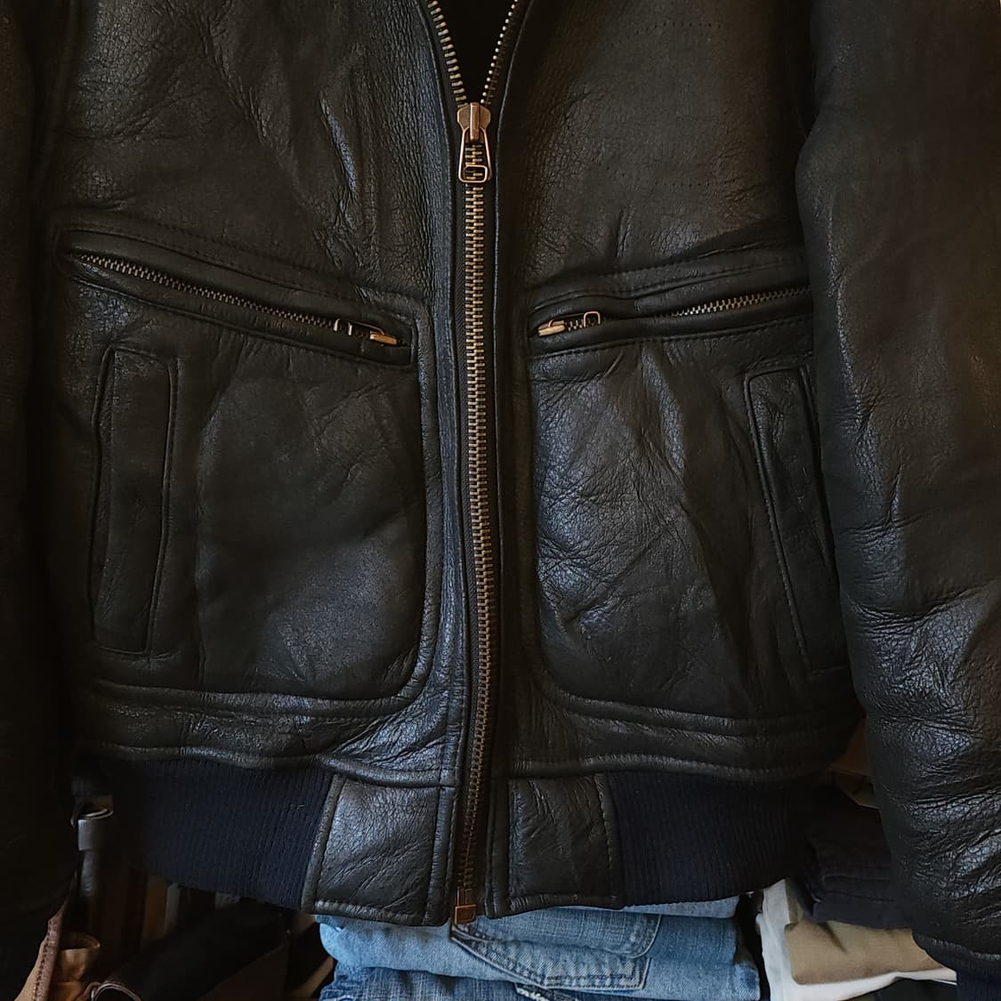 00년대 할리 데이비슨 무스탕 레더 봄버 자켓 F 상품이미지5