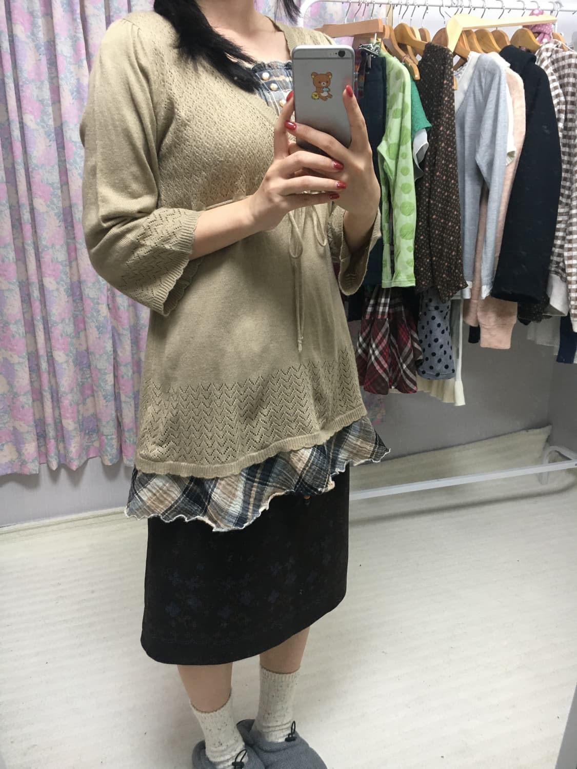 베이지 체크 레이어드 니트 상품이미지3