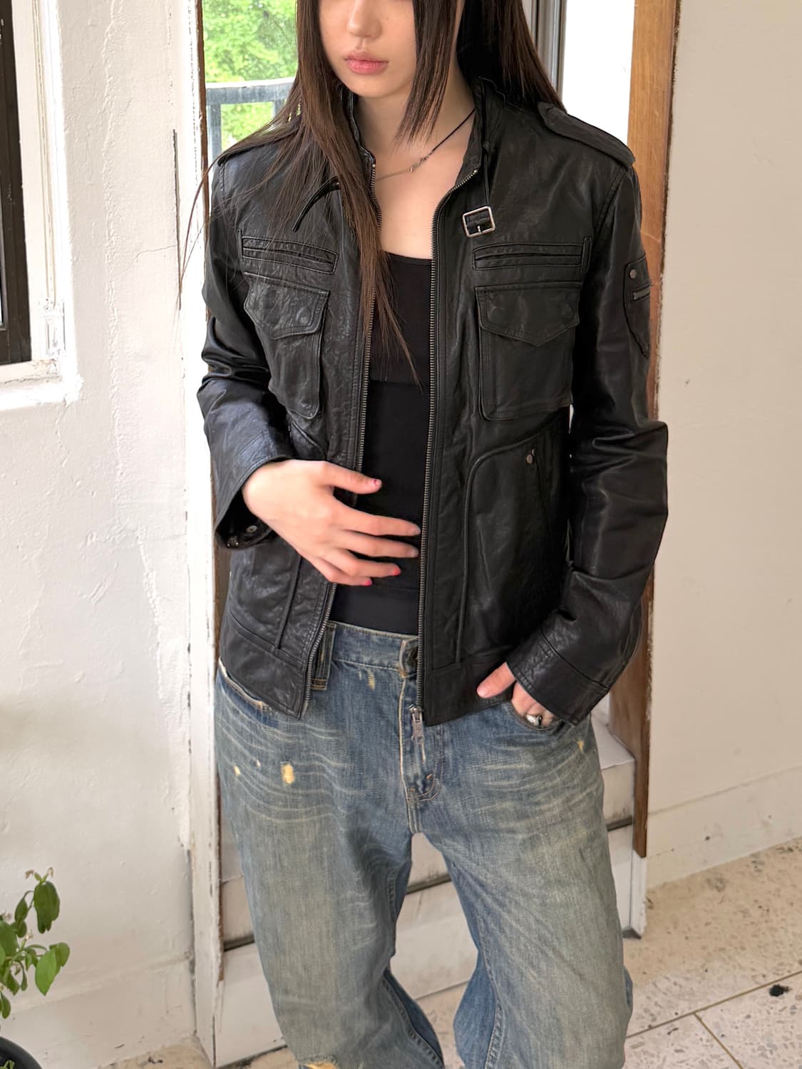 멀티 포켓 빈티지 레더 자켓 상품이미지4