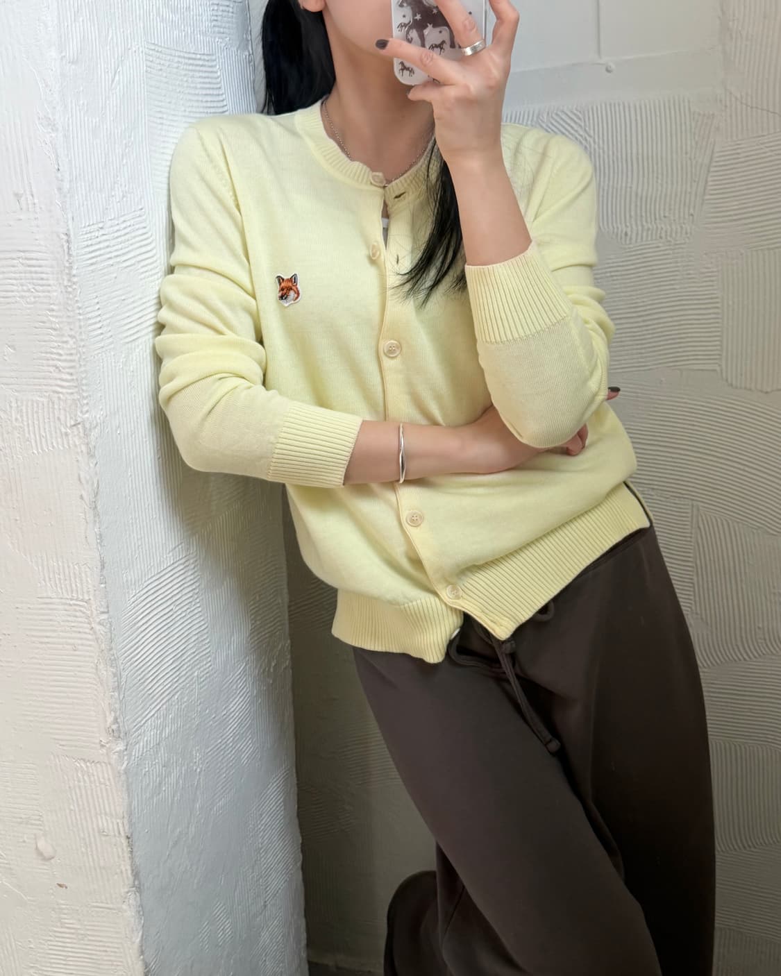 메종키츠네 폭스패치 레몬컬러 라운드넥 울 가디건 상품이미지10