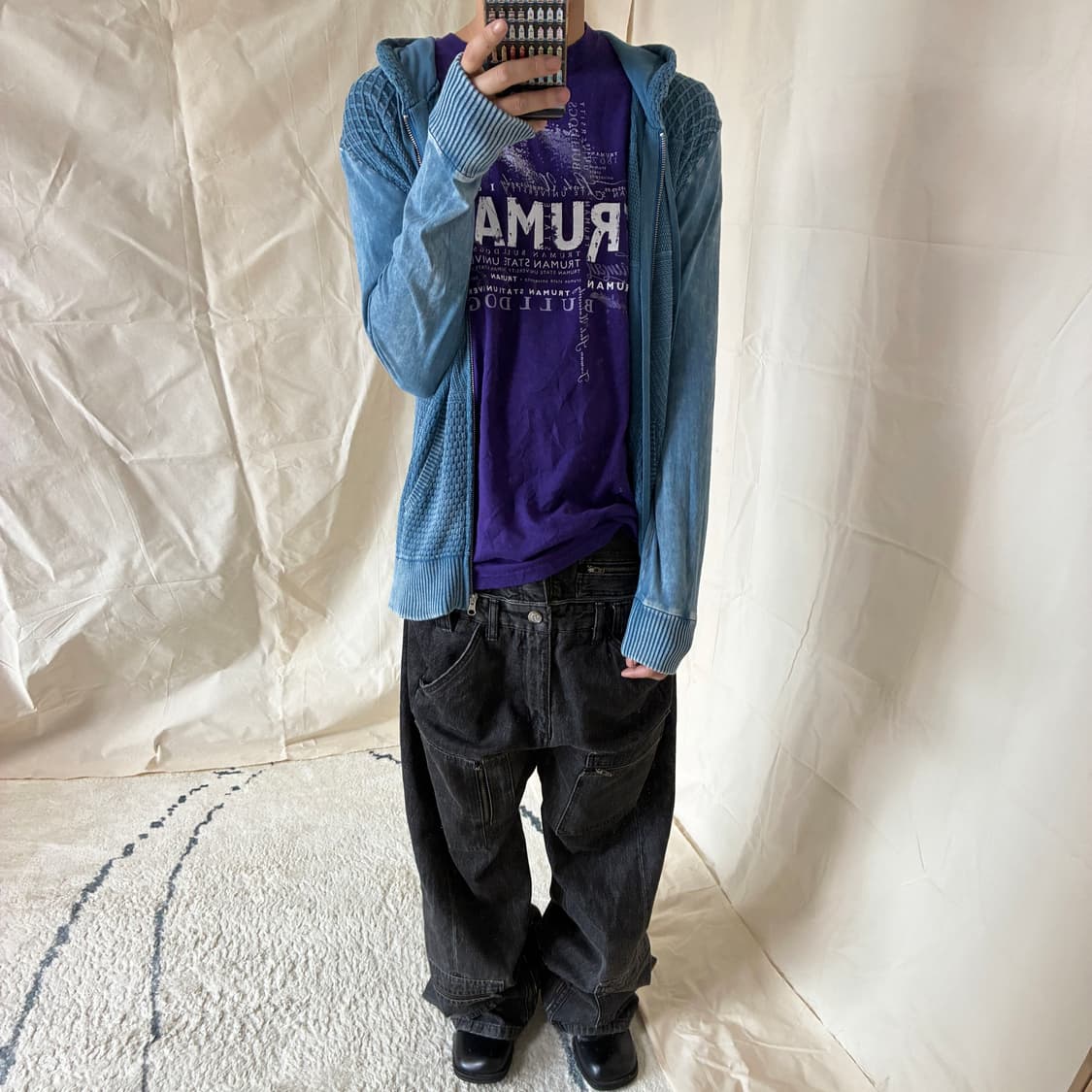 Indigo Mixed Mesh Knit Zip-up hoodie 상품이미지2