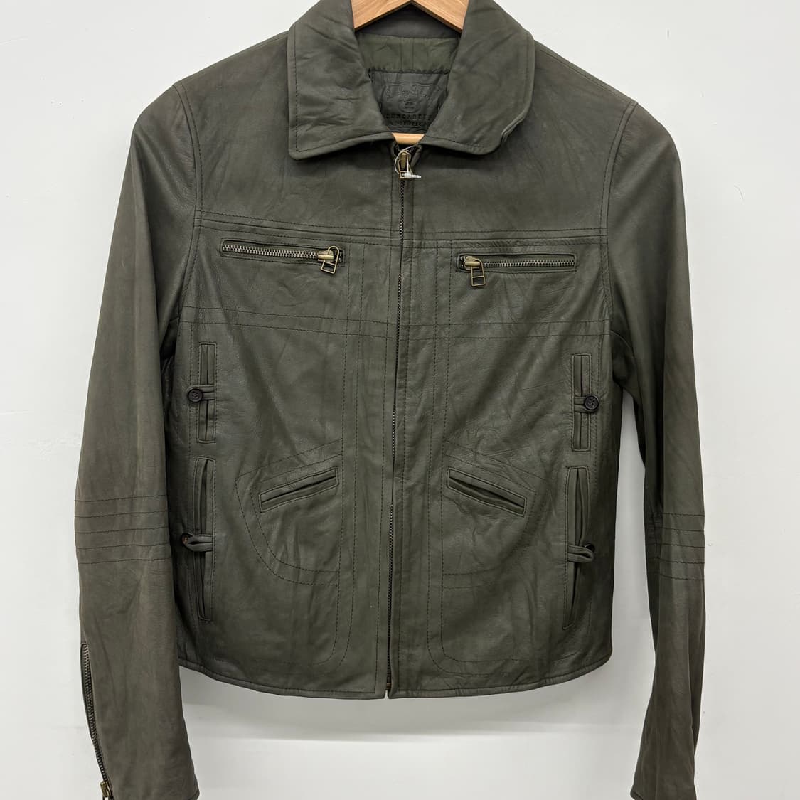 빈티지 스타일 가죽 자켓 짙은 녹색 남/S 상품이미지2