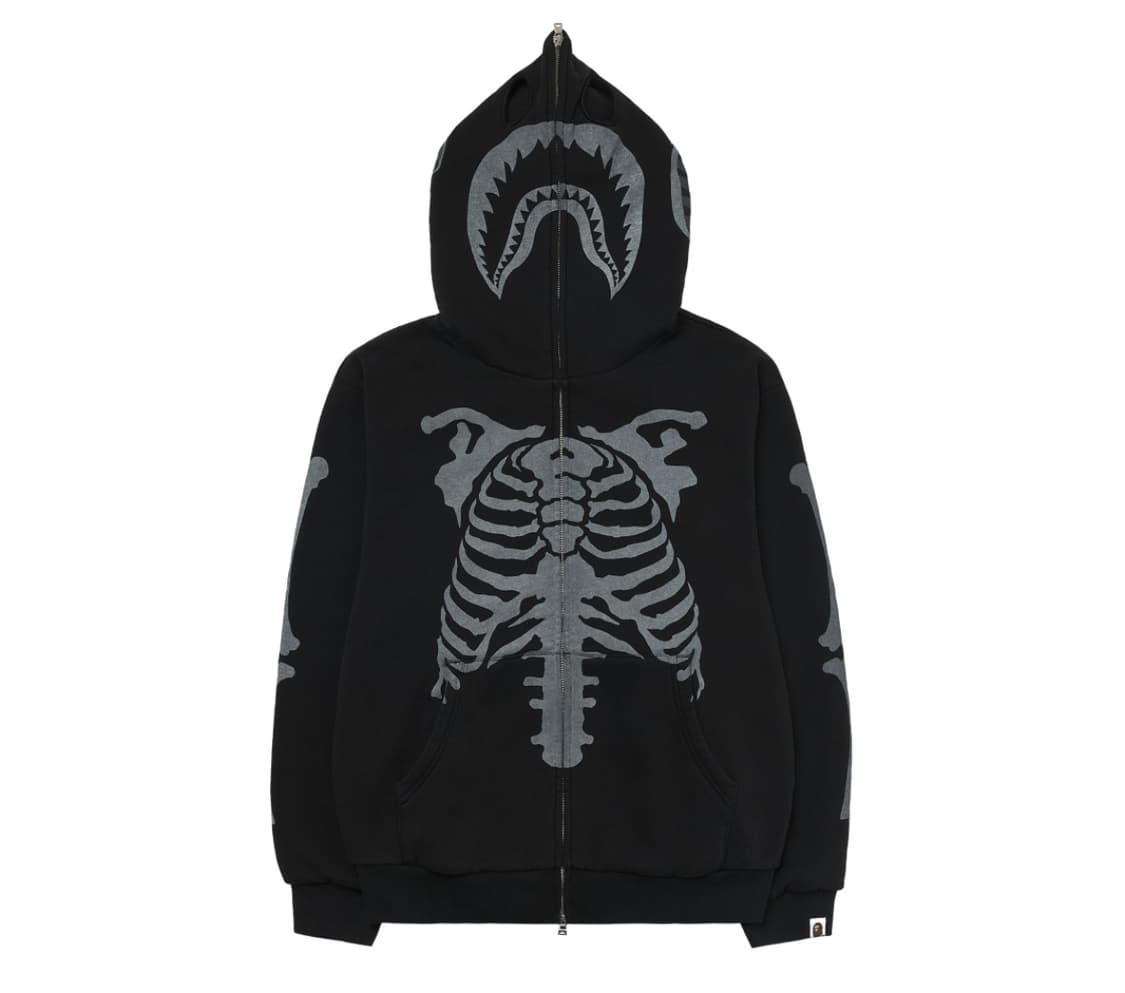 (L)베이프 스켈레톤 샤크 헤비 워시드 크롭 핏 풀 집 후드 블랙  상품이미지1