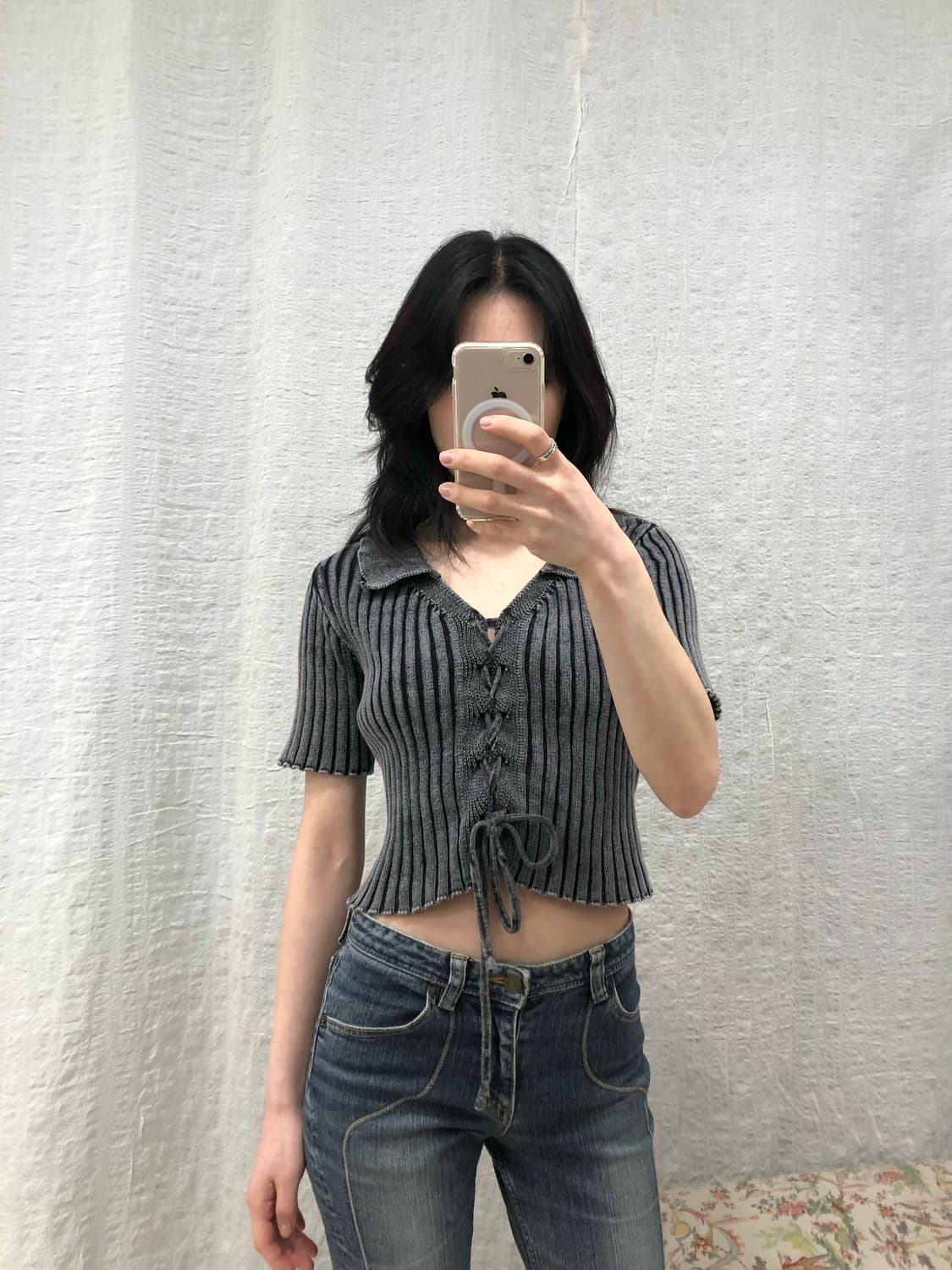 Ribbon tie crop knit top 상품이미지4