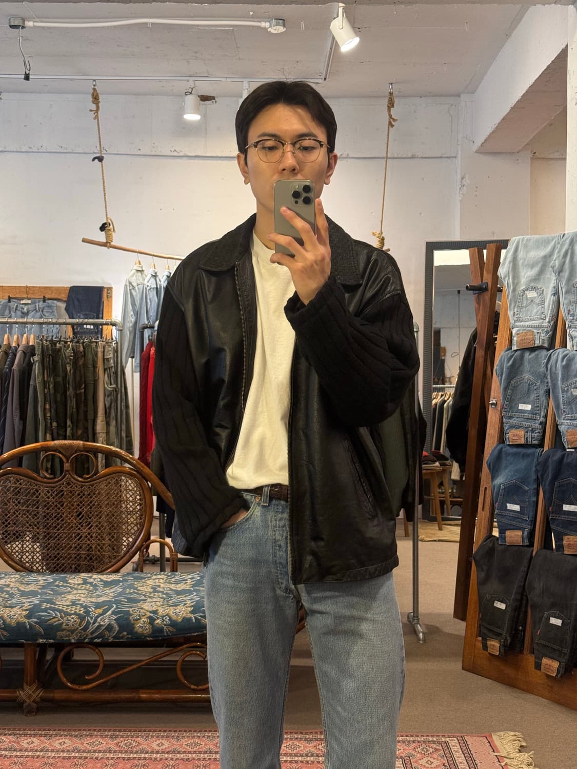 90s BASCO Leather Ribbed Knit Jacket 상품이미지1