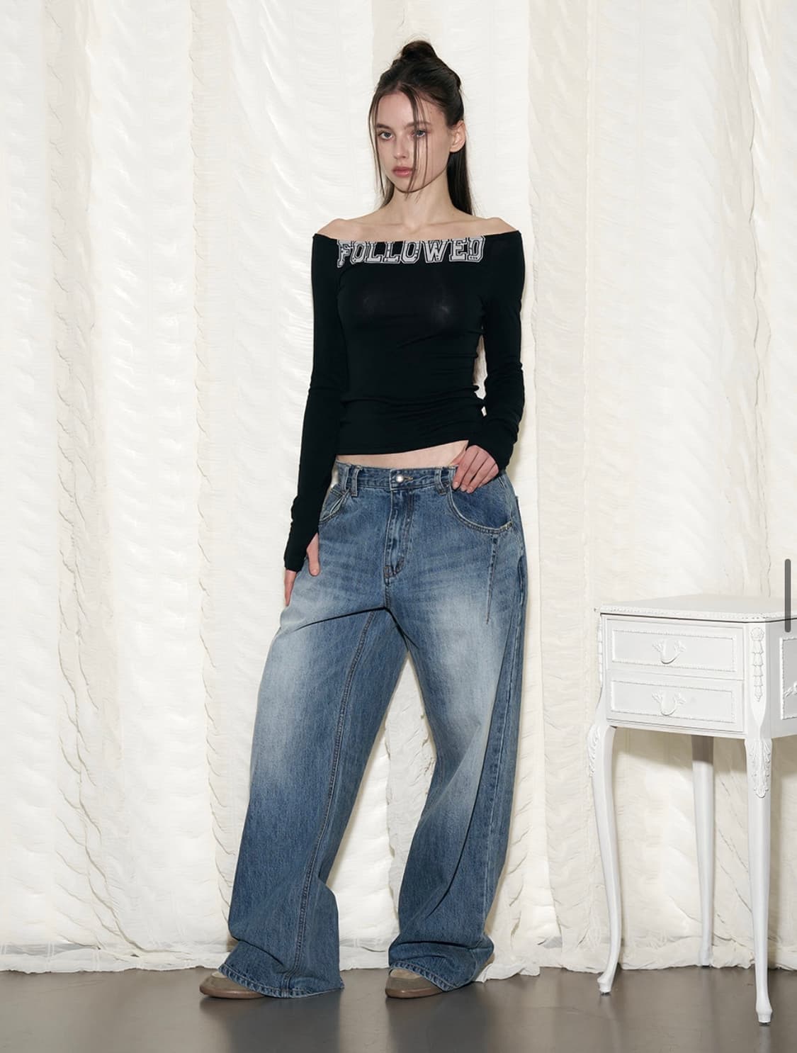 플노팔 데미지 워싱 와이드 데님 워시드 블루 M 상품이미지1