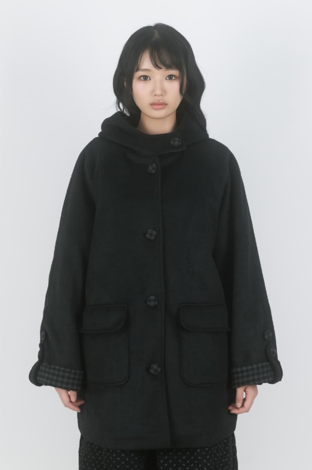 나이엔 체크 포인트 하프 후드 코트 블랙 상품이미지2