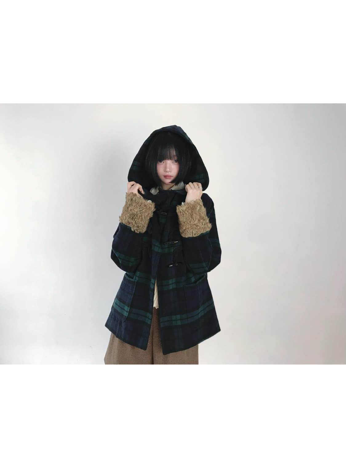 Green-check fur sleeve duffel coat 상품이미지4