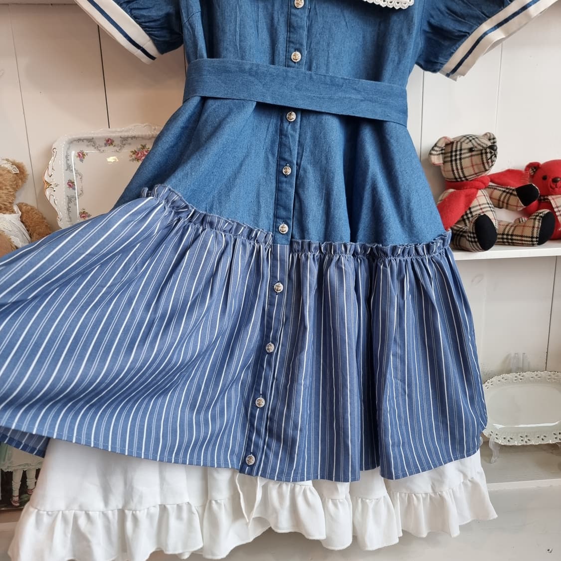 데님 세일러 원피스 청색 스트라이프 프릴 상품이미지2