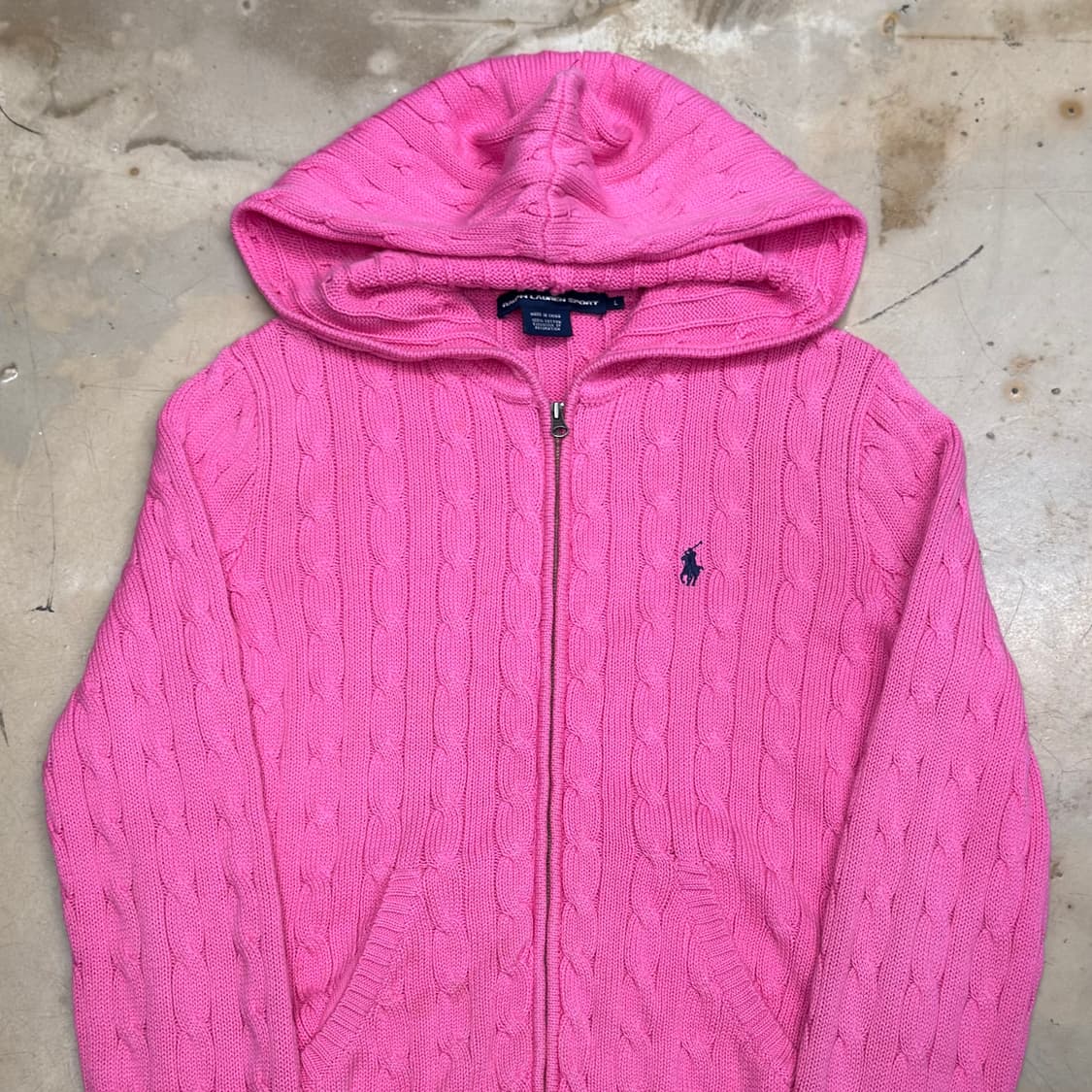 L 폴로랄프로렌 여성용 핑크 케이블 후드 니트 집업 상품이미지1