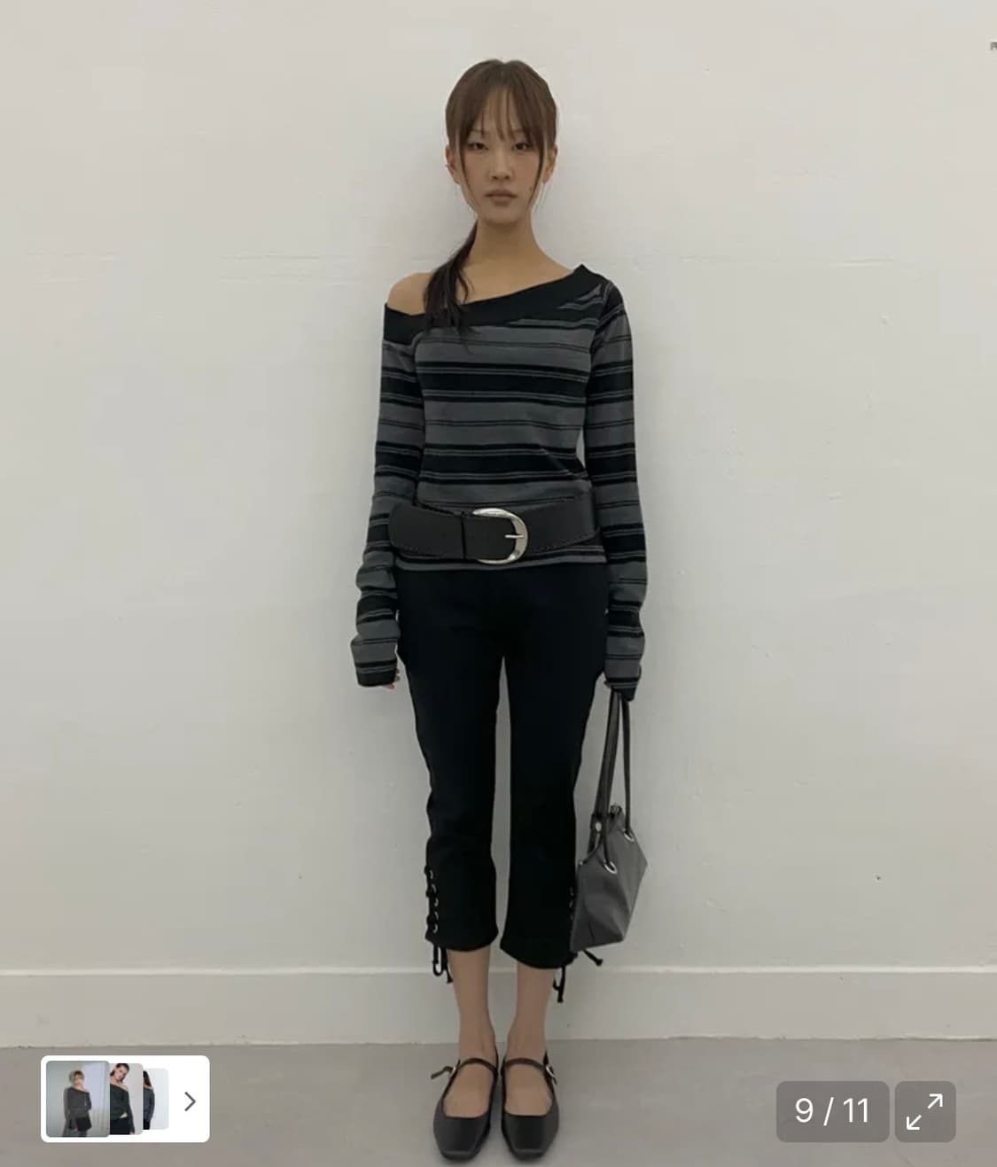 원 숄더 스트라이프 티셔츠 [차콜 그레이] 상품이미지2