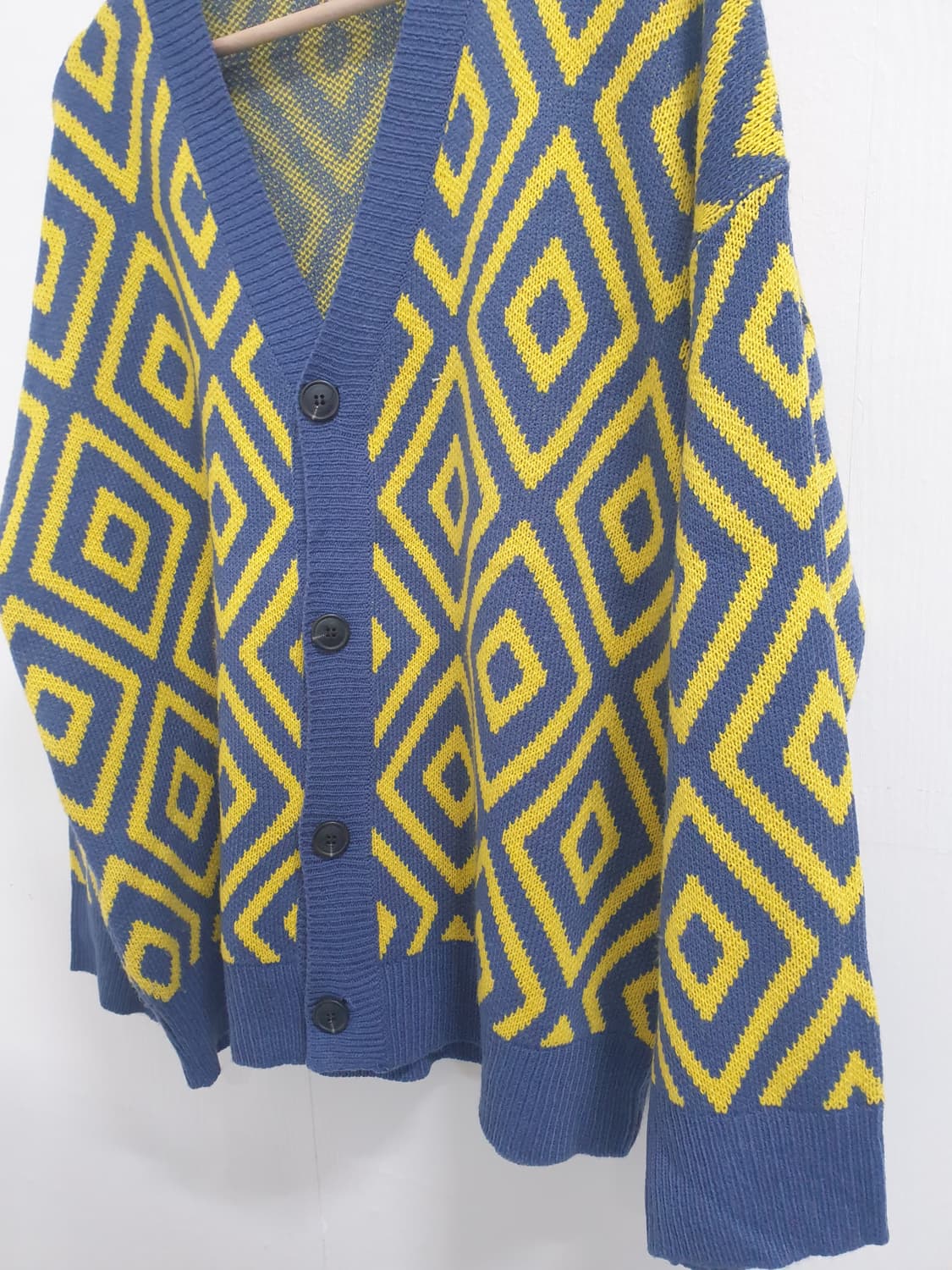 블루 옐로우 다이아 패턴 니트 가디건 XL 상품이미지3