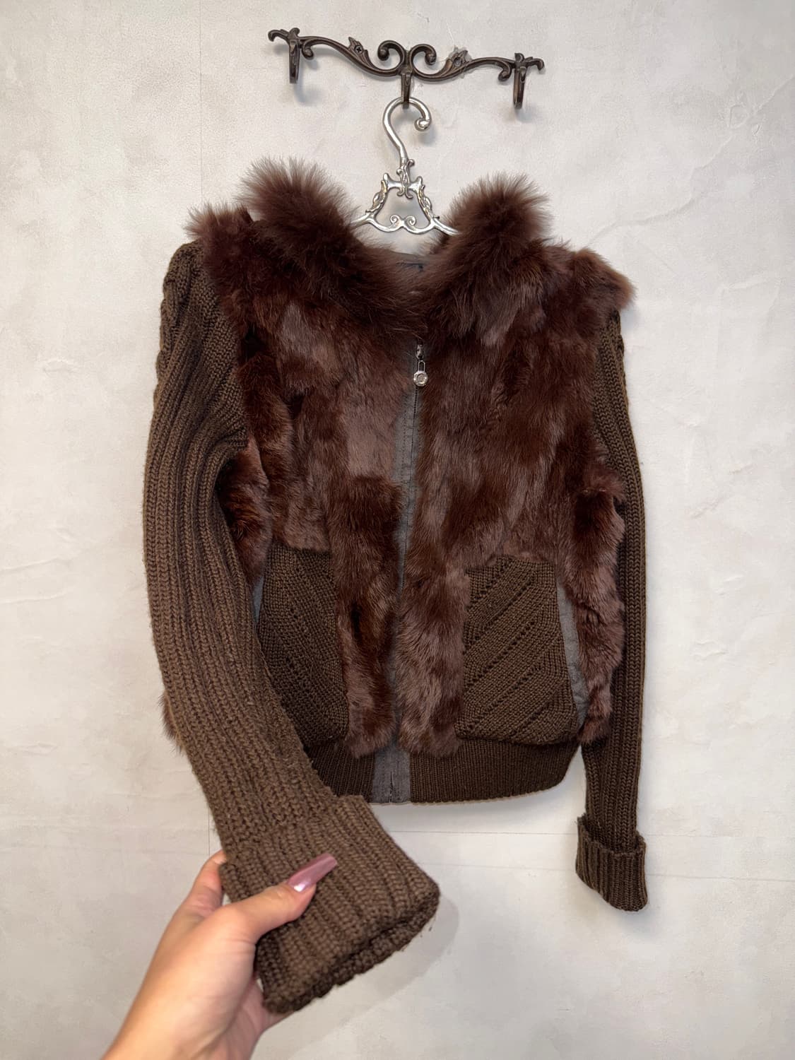Dark brown rabbit&fox fur knit 후드집업 상품이미지2