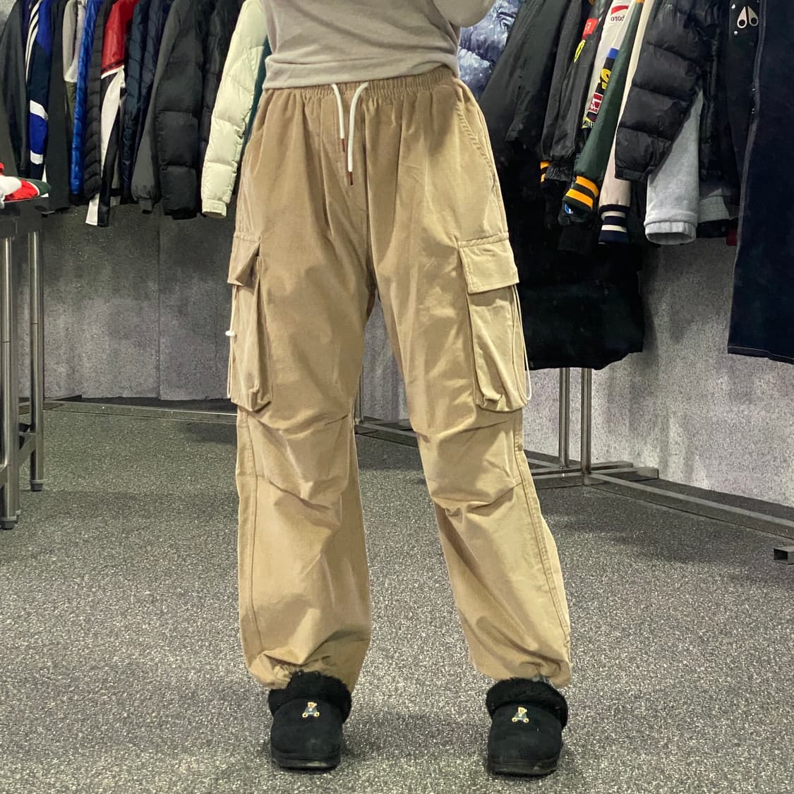 빈티지 립스탑 카고 베이지 스트링 조거 팬츠 B3770 상품이미지1