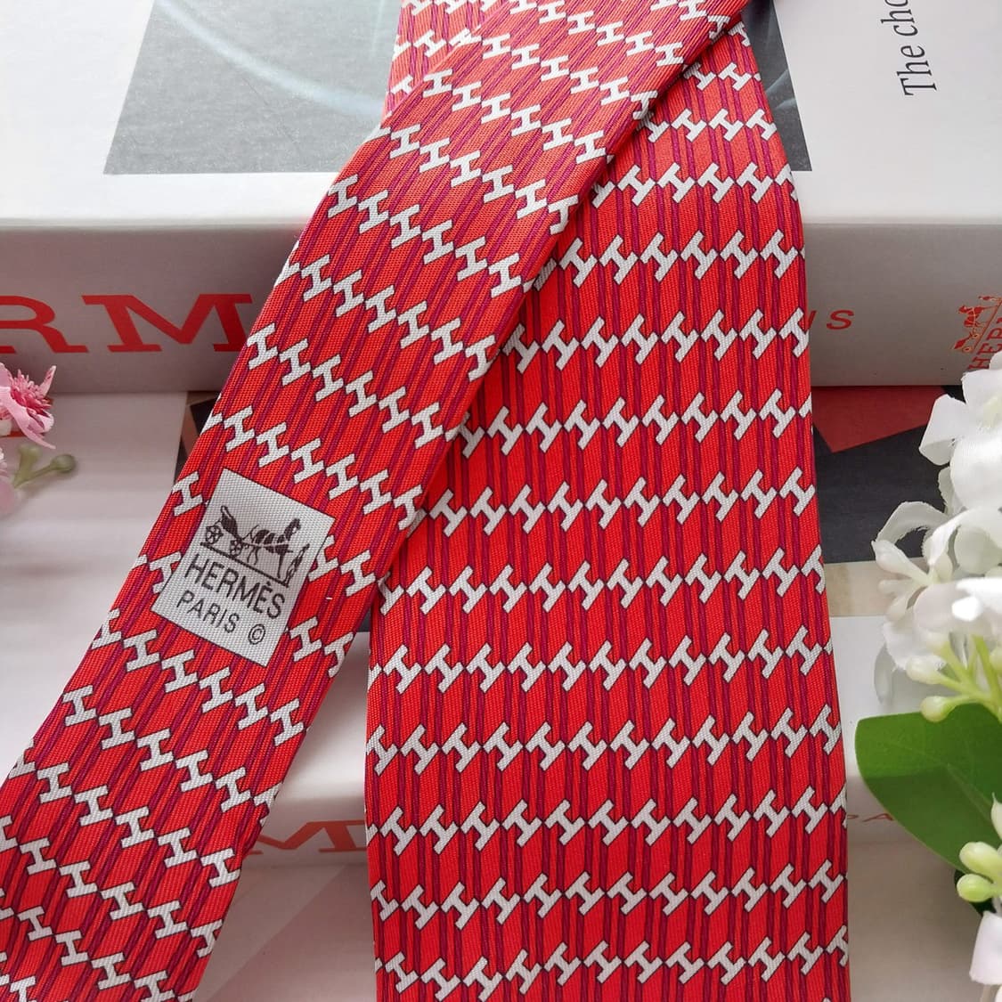 에르메스 실크 레드 H 모티브 넥타이 9.5cm A+~A등급 K2042 상품이미지5