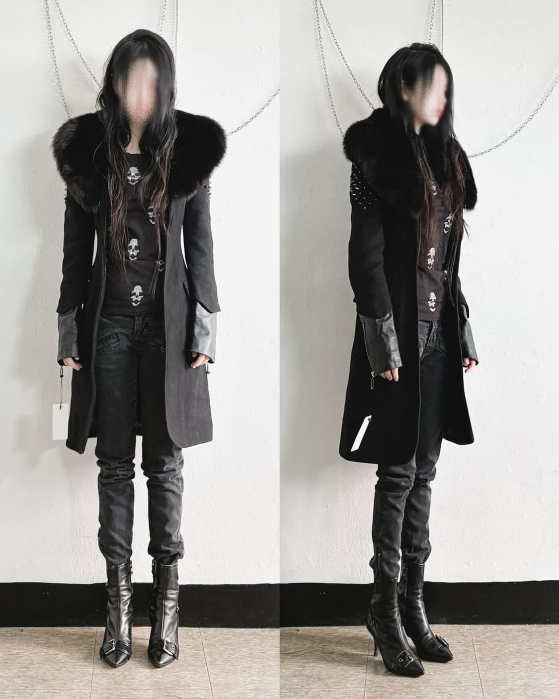 rare* 필립플레인 폭스퍼 칼라 레더슬리브 스터드 롱코트 상품이미지1