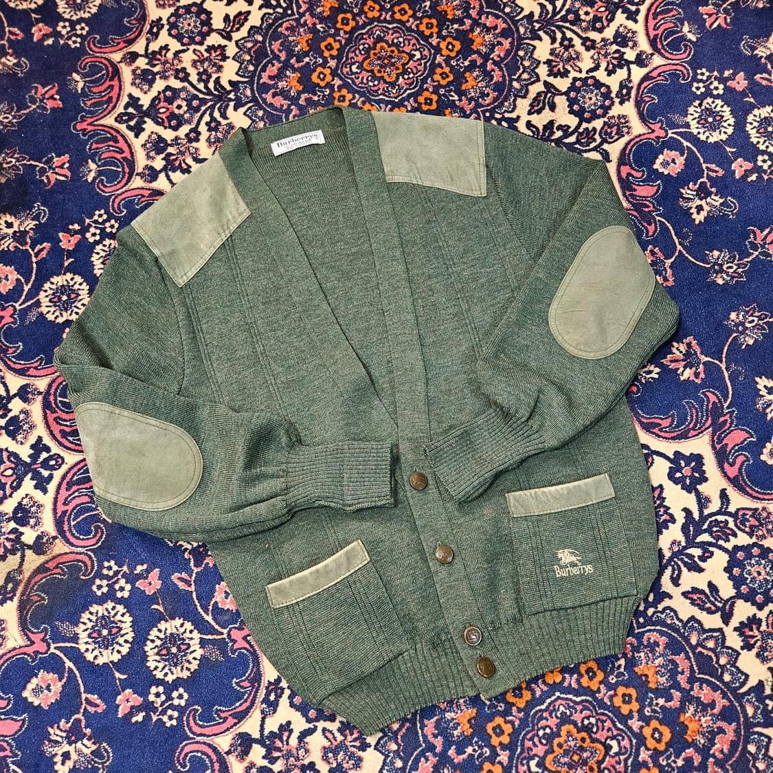 버버리 80's 코만도 울 카키 가죽 패치 블럭 가디건 자켓  상품이미지1