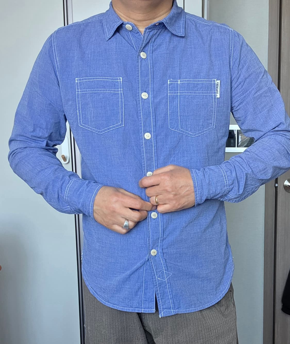 슈퍼드라이(SUPERDRY) 코튼 롱슬리브 샴브레이 셔츠 블루 (M 상품이미지4