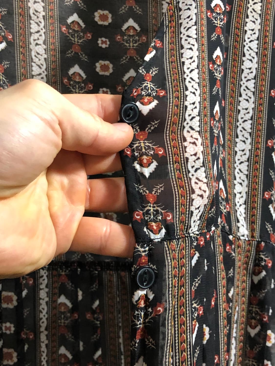 일본 빈티지 히피 보헤미안 블랙 플라워 패턴 쉬폰 원피스 로브 상품이미지6