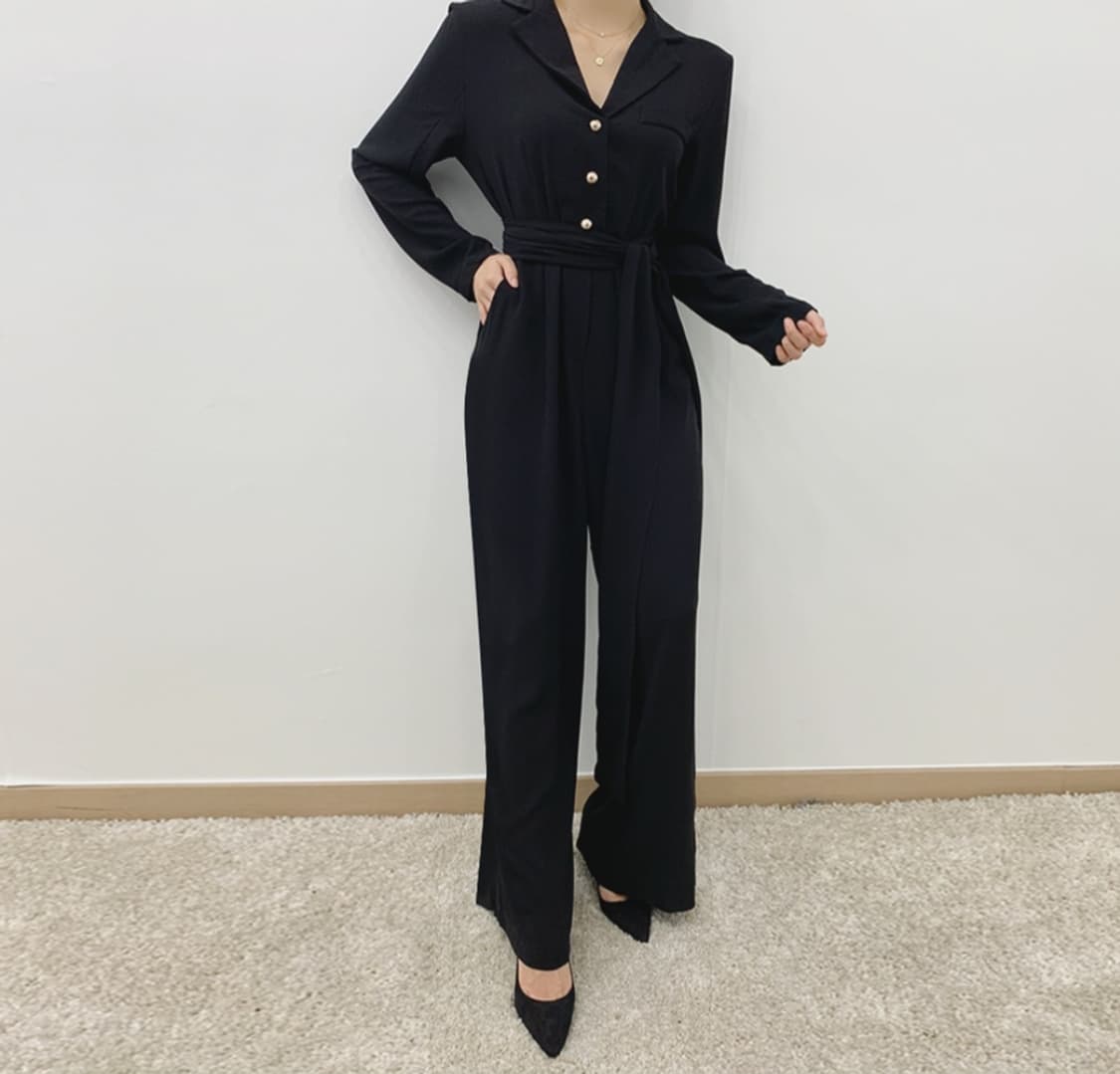 블랙 셔츠 스타일 벨트 점프수트 상품이미지1