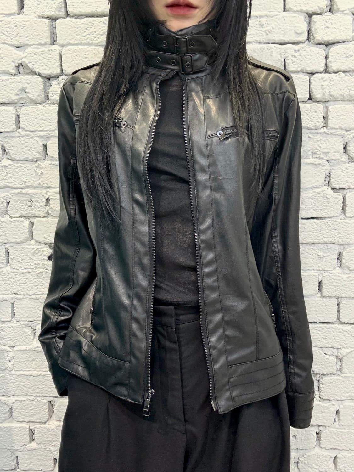 Buckle-Neck Vegan Leather Rider Jacket 상품이미지1