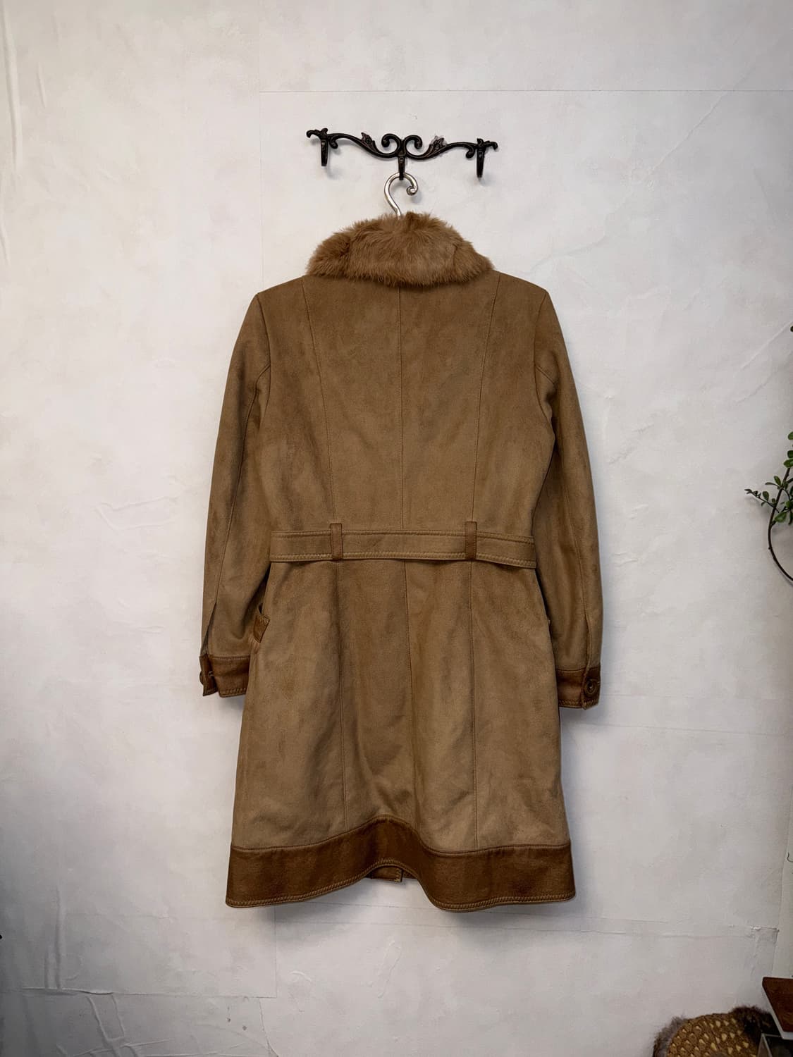Brown rabbit fur trimming belted coat 상품이미지3