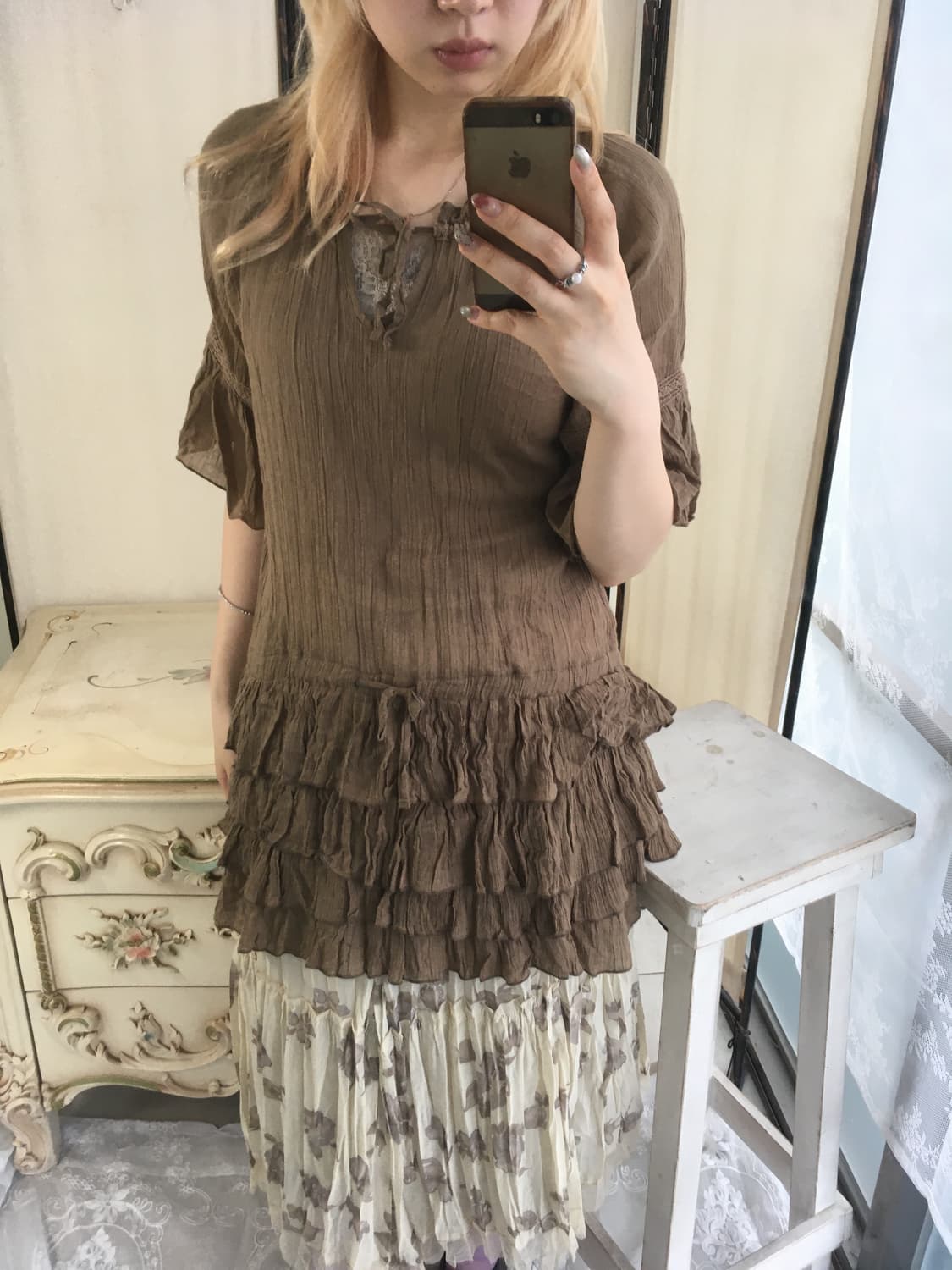 빈티지 모리 브라운 쉬폰 레이어드 캉캉 원피스 상품이미지3