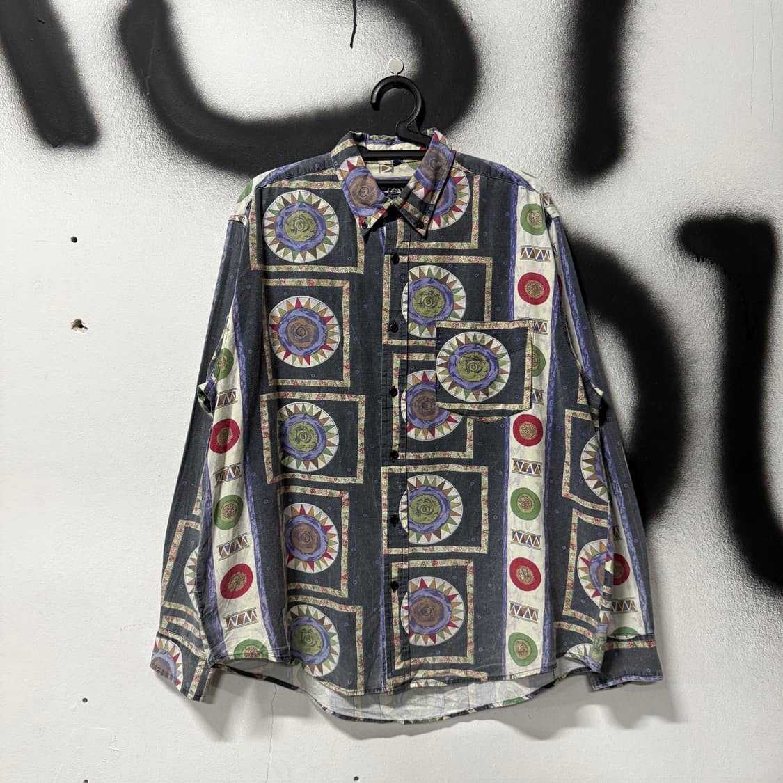 VTG 빈티지 에스닉 기하학 패턴 원포켓 코튼 긴팔 셔츠 상품이미지1