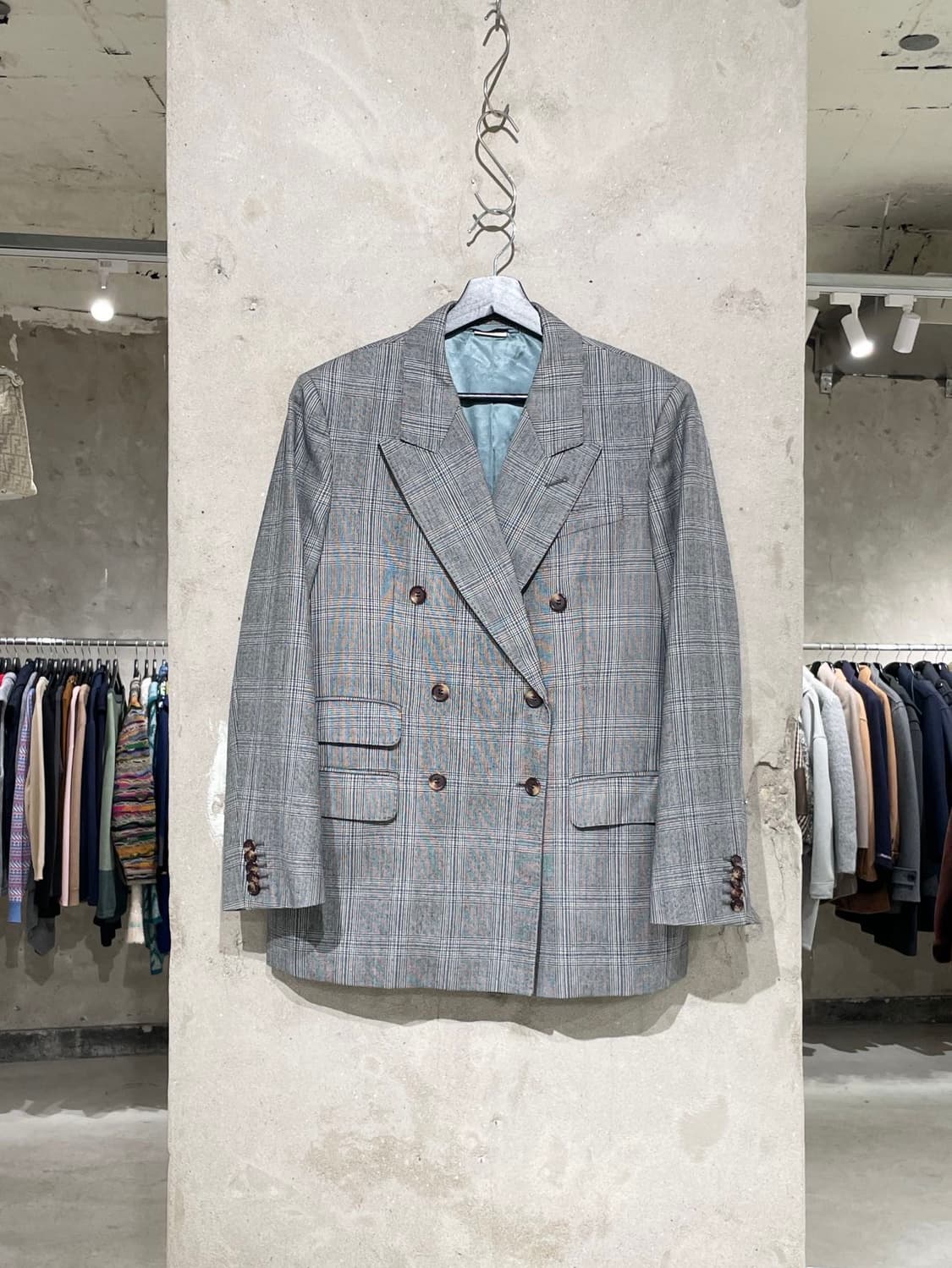 구찌 그레이 티켓 포켓 2B 더블 라나울 체크 블레이저 상품이미지1