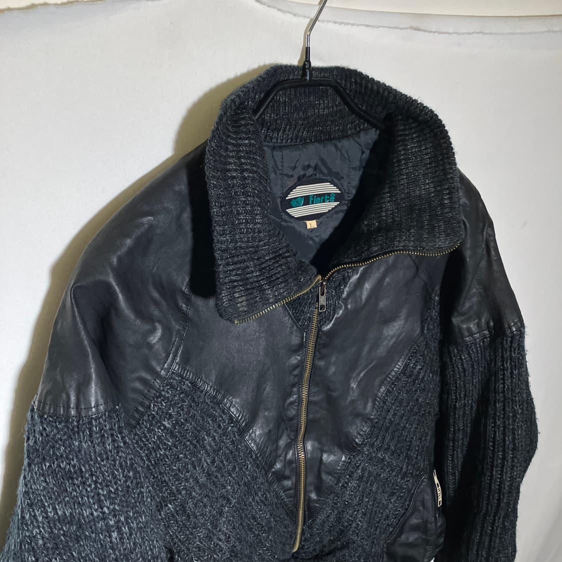 L)87년 제조 VTG 레더 패치 니트 집업 자켓 점퍼 상품이미지2