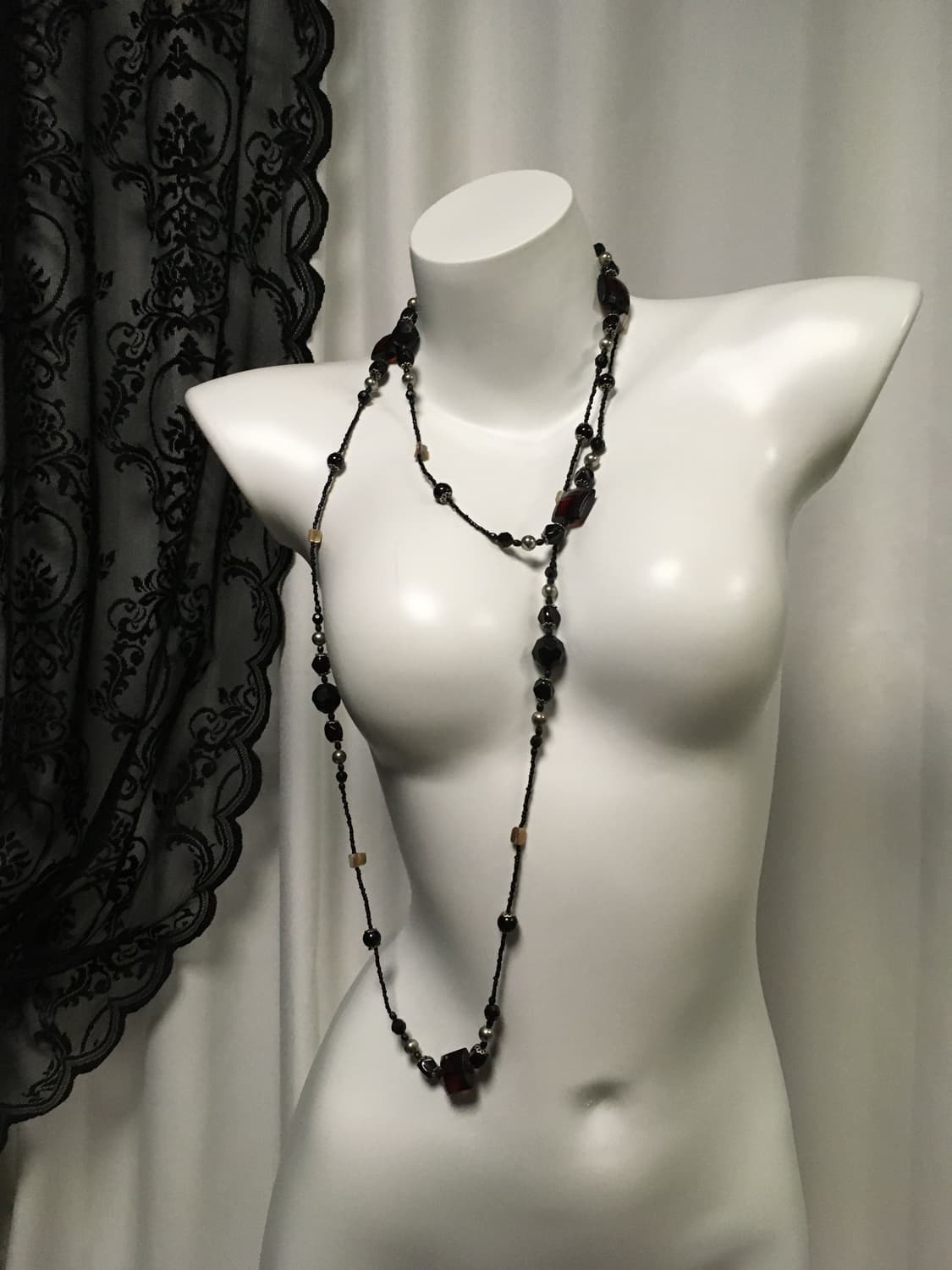 Vintage 블랙 와인 자개 비즈 롱 네크리스 목걸이 상품이미지1