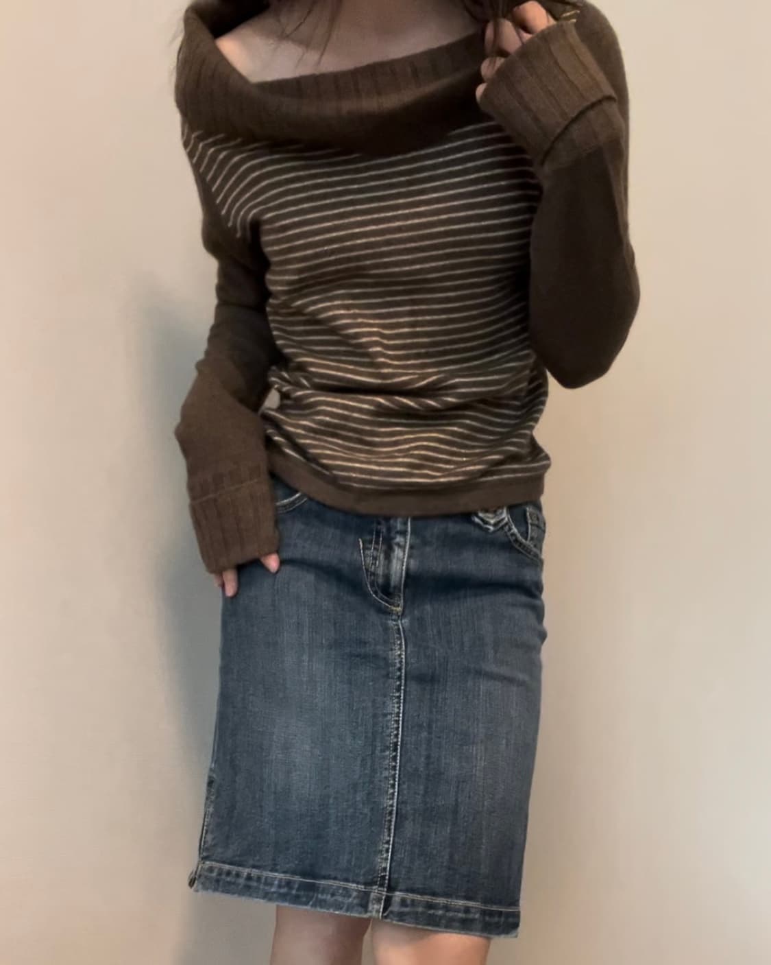 brown stripe off shoulder two way knit 상품이미지5