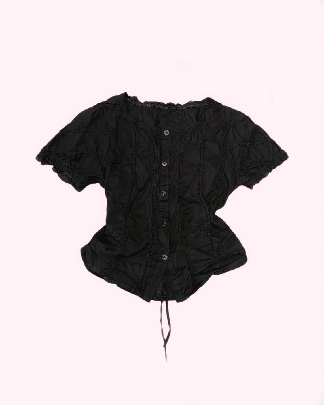 블랙 핀터깔 별 포인트 셔링 리본 디테일 딱붙 반팔 셔츠  상품이미지2