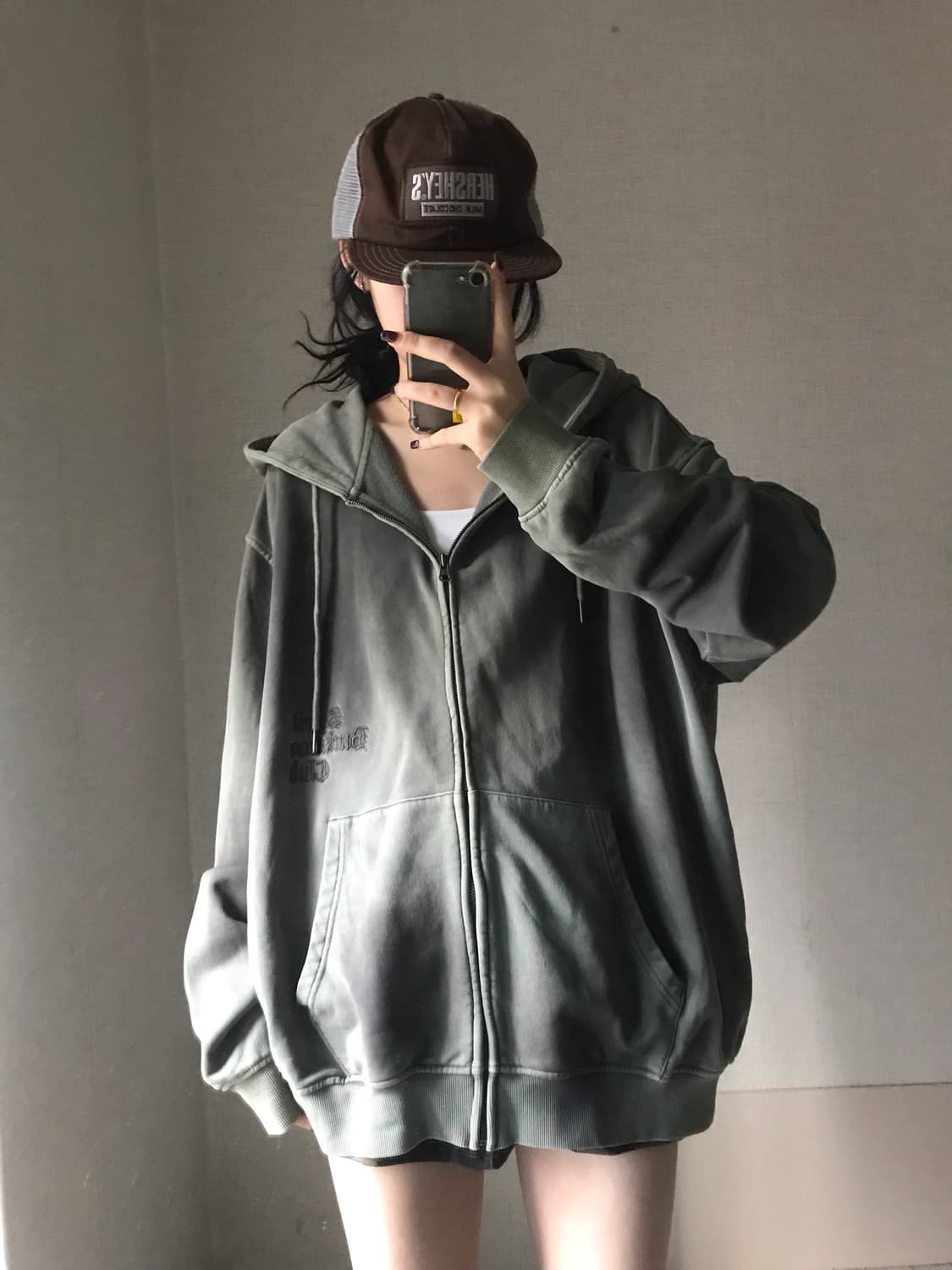 버카루 카키 오버핏 피그먼트 후드집업 상품이미지1