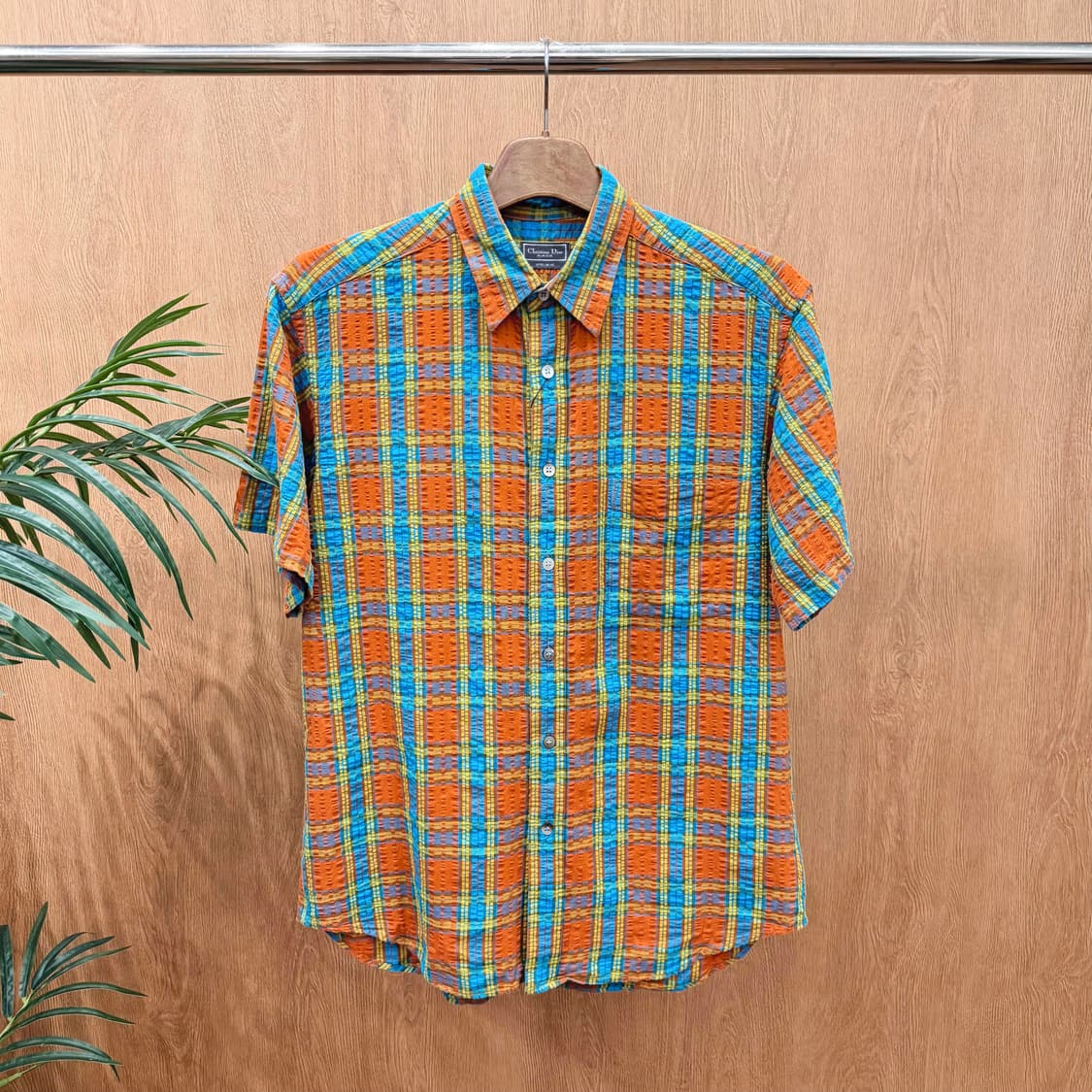 크리스찬 디올 반팔 셔츠 체크 패턴 사이드 싱글 포켓 디테일 오렌지 블루 상품이미지1