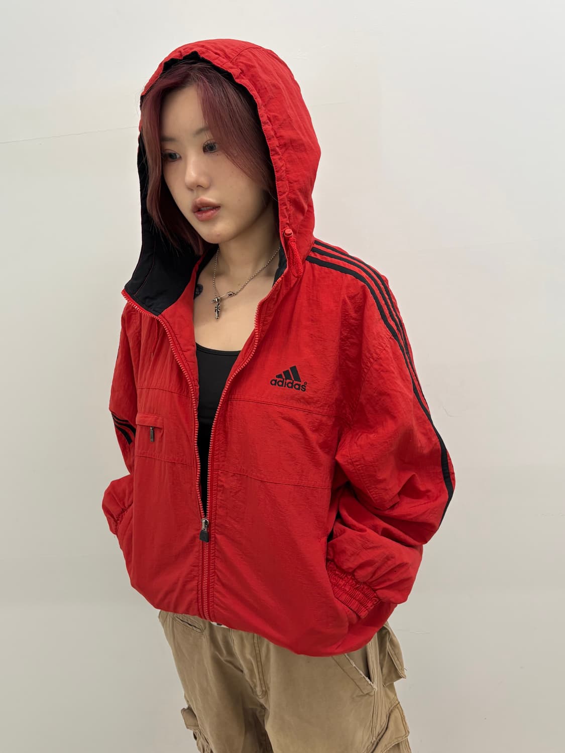90s'adidas 레드 후드 바람막이 상품이미지3
