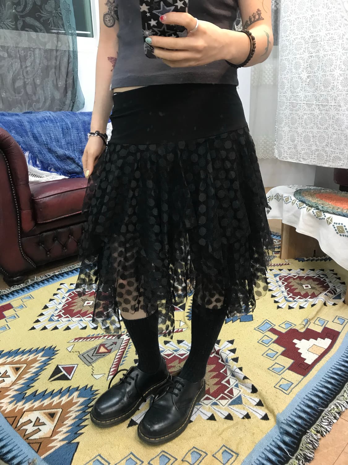 빈티지 여성 도트 밴딩 언발 미디스커트  상품이미지1